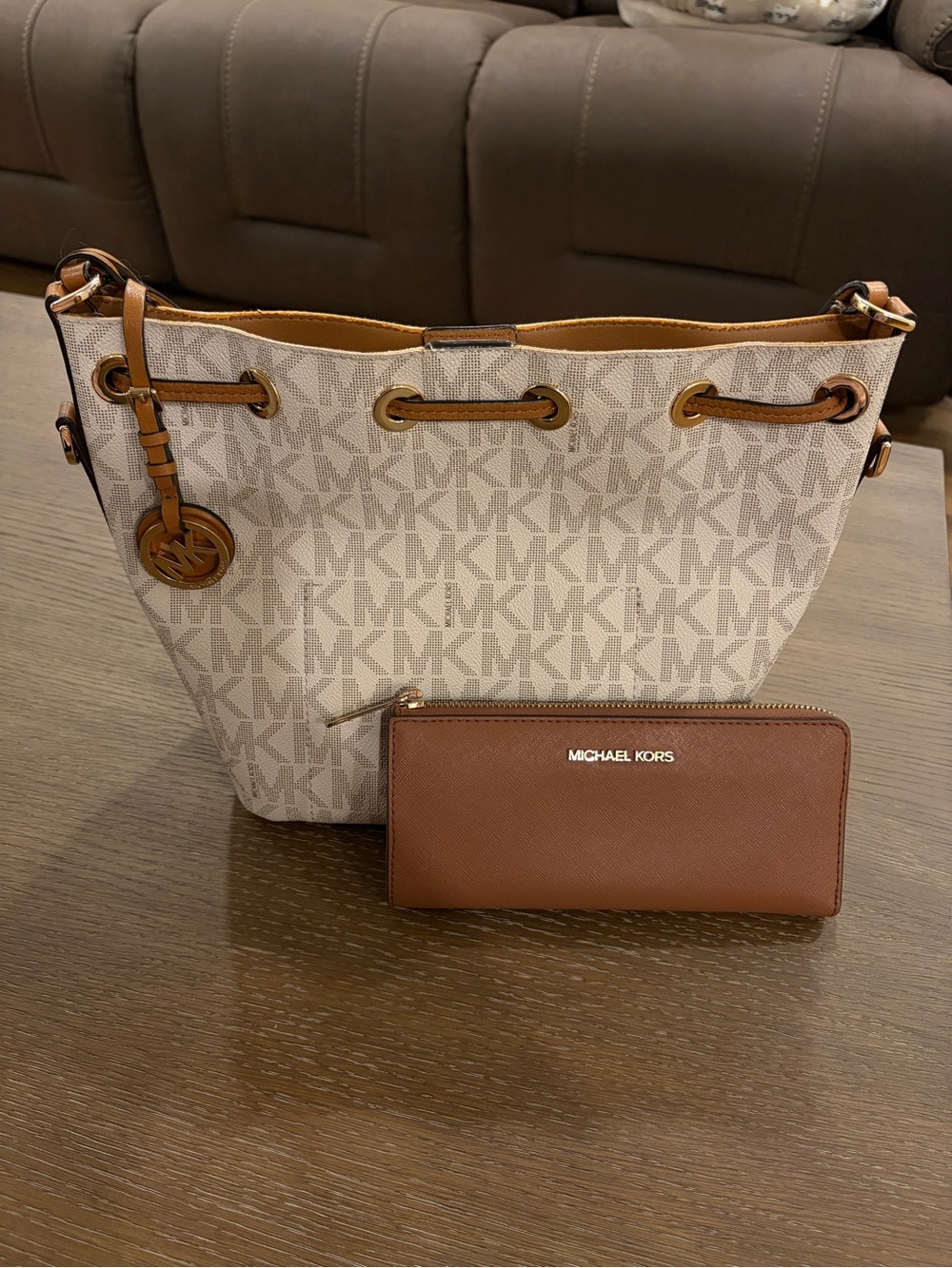 Michael Kors Beige Signature Logo Drawstring Tote with Brown Wallet